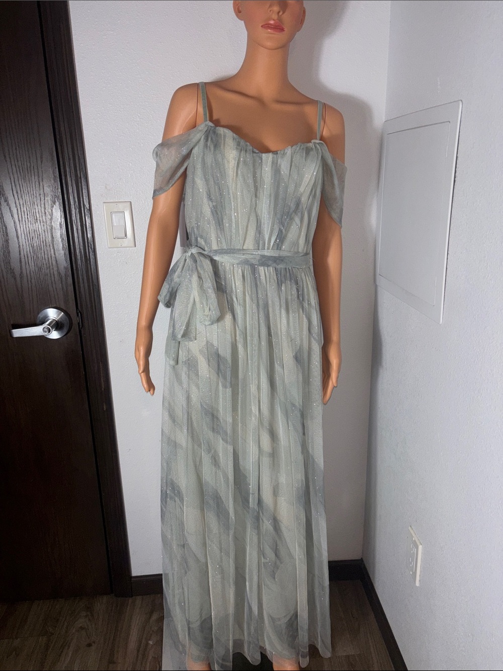 Candalite Off-Shoulder Sage Green Maxi Dress with Tie Waist